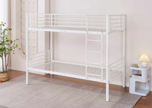 Strong Metal Bunk Bed with Horizontal Bar Design and Reversible Ladder in White, Single Over Single
