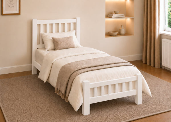 Single Banbury Wooden Bed Frame with Mattress in White Finish