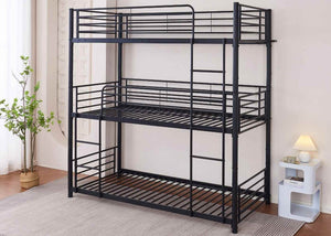 Space-Saving 3 Tier Metal Bunk Bed with Reinforced Mesh Bases, in Black