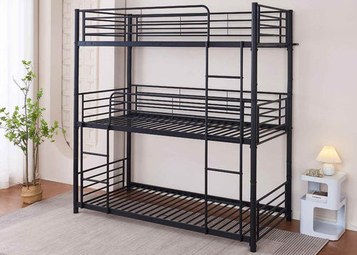 Space-Saving 3 Tier Metal Bunk Bed with Reinforced Mesh Bases, in Black