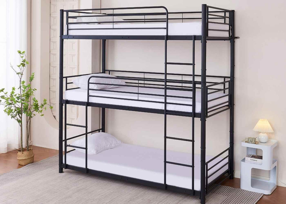 Space-Saving 3 Tier Metal Bunk Bed with Reinforced Mesh Bases, in Black