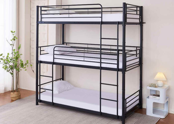 Bircham 3 Tier Metal Bunk Bed with Mattresses, Suitable for Ages 6 and Up, Including Adults