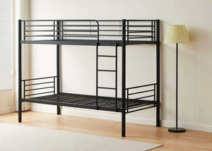 Strong Metal Bunk Bed with Horizontal Bar Design and Reversible Ladder in Black, Single Over Single