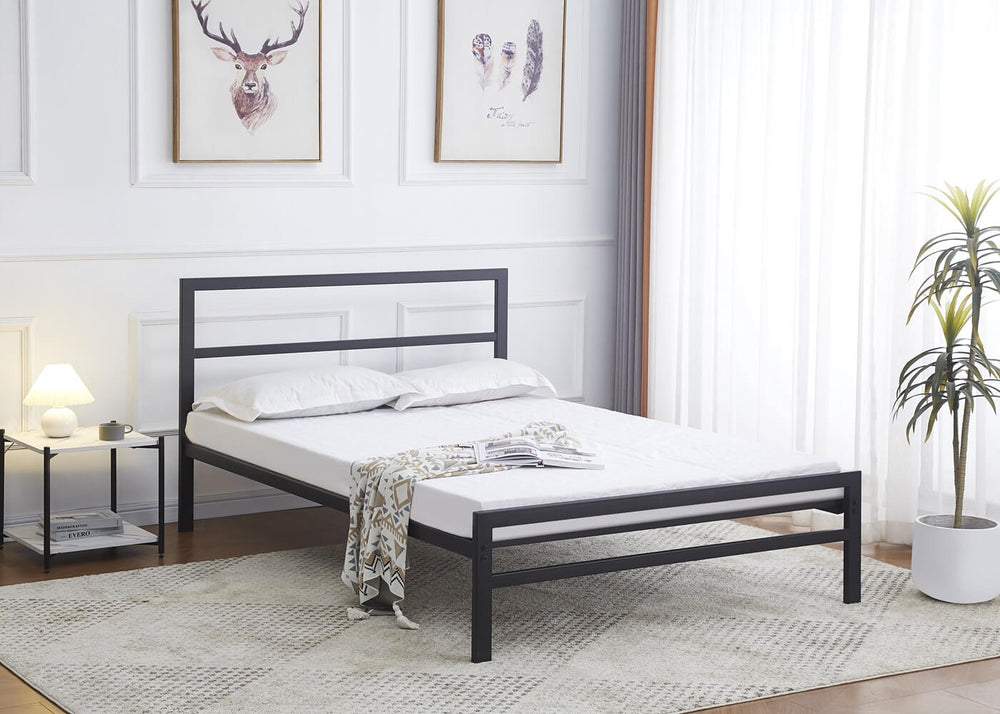Modern Industrial Style Bed Frame in Black, Square Design with Heavy-Duty Mesh Support