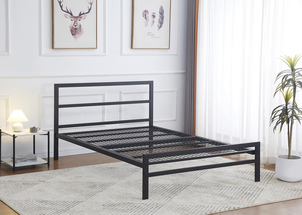 Modern Industrial Style Bed Frame in Black, Square Design with Heavy-Duty Mesh Support