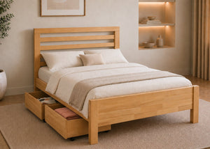 Cawsey Wooden Bed Frame in Oak Finish with 2 Wooden Storage Drawers