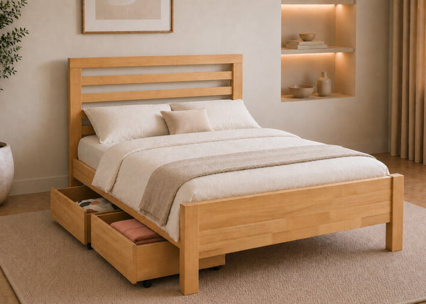 Cawsey Wooden Bed Frame in Oak Finish with 2 Wooden Storage Drawers