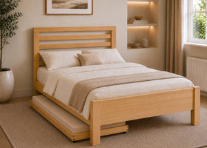 Cawsey Wooden Bed Frame in Oak Finish with Trundle and Mattress