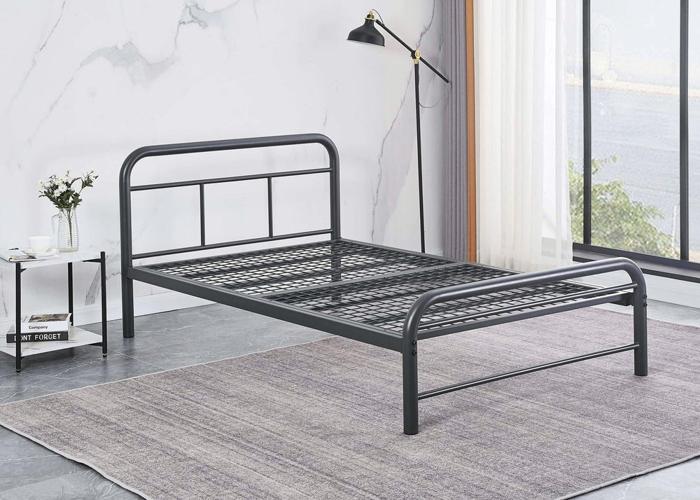 Minimalistic-Design Metal Bed Frame with Strong Mesh Base in Grey, Suitable for Contract Use