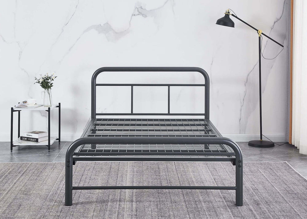 Minimalistic-Design Metal Bed Frame with Strong Mesh Base in Grey, Suitable for Contract Use