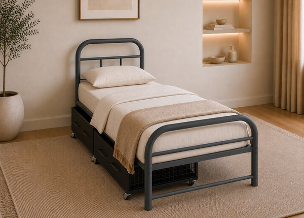 Single Crosby Metal Bed with 2 Metal Storage Drawers