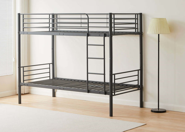 Strong Metal Bunk Bed with Horizontal Bar Design and Reversible Ladder in Grey, Single Over Single