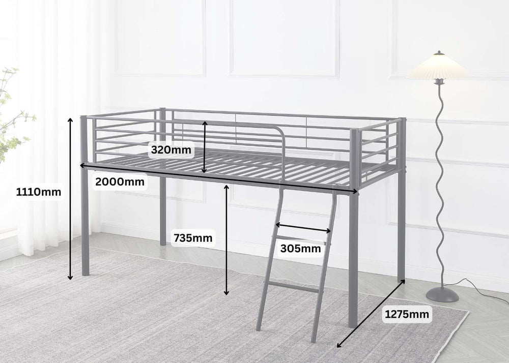 Harpley Space-Saving Metal Mid Sleeper in Black, with Storage or Play Space Underneath