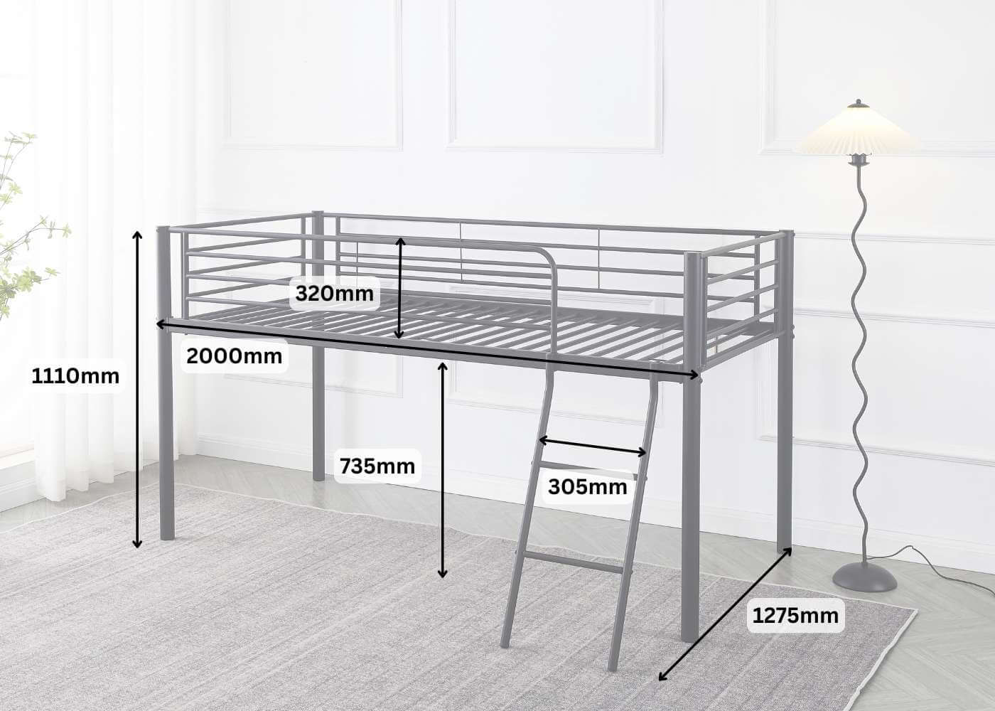 Harpley Metal Mid Sleeper Bed Frame Dimensions in Black, Single Size