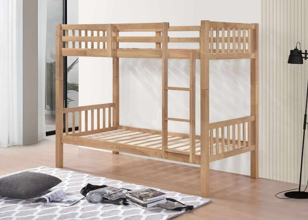 Strong Shaker-Style Wooden Bunk Bed with Extra Thick 22mm Slats, in Oak Finish