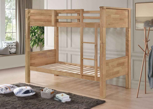 Strong Wooden Bunk Bed with Solid Panel Headboards and Extra Thick 22mm Slats, in Oak Finish