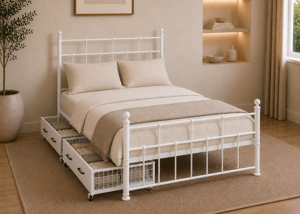 Letham White Metal Bed with 2 Metal Storage Drawers