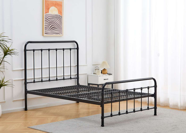 Curved Metal Bed Frame Featuring Detailed Spindles and a Durable Mesh Base, in Black