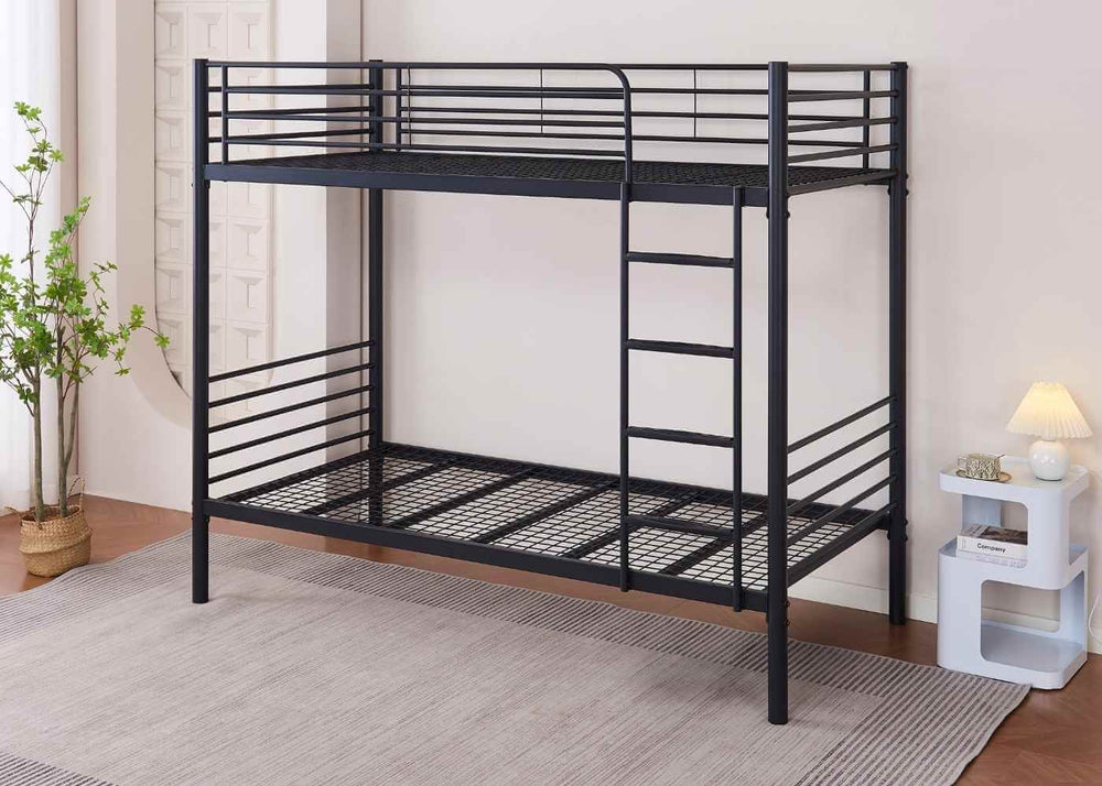Adult-Suitable Metal Bunk Bed with Horizontal Bar Design and Strong Mesh Bases to Support Up To 40 Stone, in Black