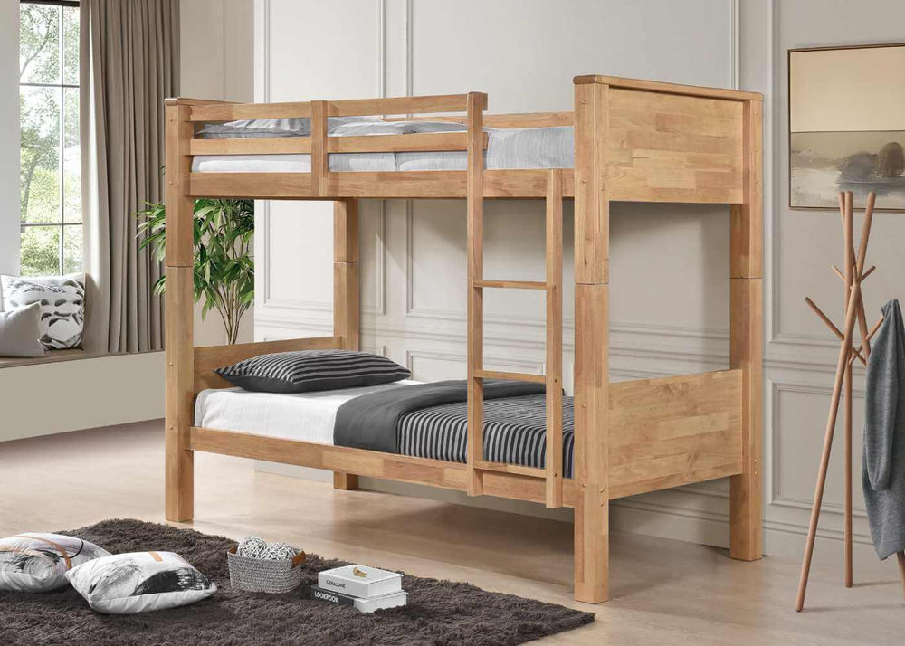Langham Wooden Bunk Bed with Mattresses in Oak Finish, Single over Single