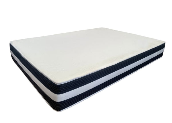 A white, firm memory foam mattress with layered sections visible, designed for extra support.