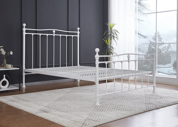 Tunstall Metal Bed with Classic-Detailed Vertical Bars and Strong Mesh Base, in White