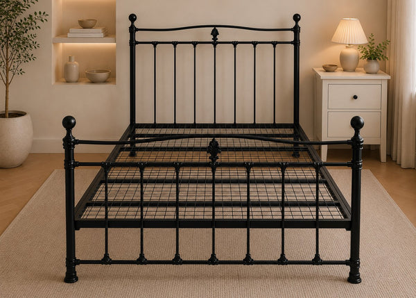 Tunley Metal Bed with Classic-Detailed Vertical Bars and Strong Mesh Base, in Black