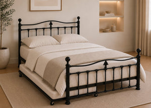 Tunley Metal Bed Frame in Black, with Trundle and Mattress